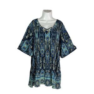 Avenue NWT Plus Size 18/20W Tunic Blue Paisley Crinkle Pleated Blouse Artsy Boho
